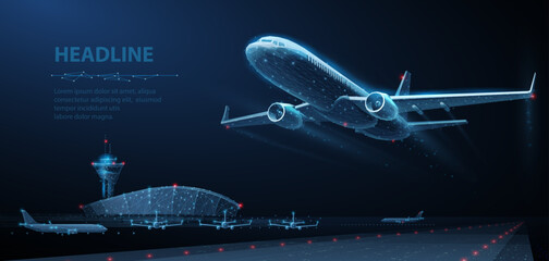 Takeoff of an airplane and an airport in background. Air transport navigation, aircraft innovation, travel concept, futuristic tech, aviation technology, AI in aviation, night flight, cargo journey © BrixStudioIN