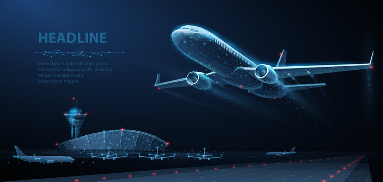 Takeoff of an airplane and an airport in background. Air transport navigation, aircraft innovation, travel concept, futuristic tech, aviation technology, AI in aviation, night flight, cargo journey