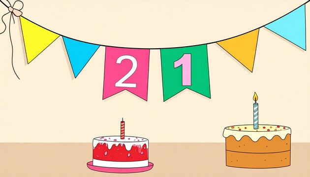 Festive Flag Garland and Cake with Number 21 for Birthday and Anniversary Party