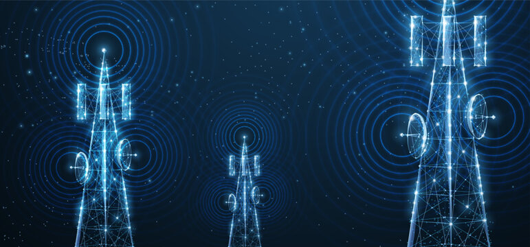 Abstract antenna mast on blue. 5G technology, telecommunication industry, telecom network, broadcast television, cell phone, 5G telecommunication, city communication, LTE transmitter concept.