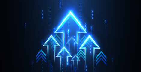 Up arrows on deep blue background space with one big arrow. Business growth, development progress, financial company statistic, hi results, investment grow concept Financial result graph. © BrixStudioIN