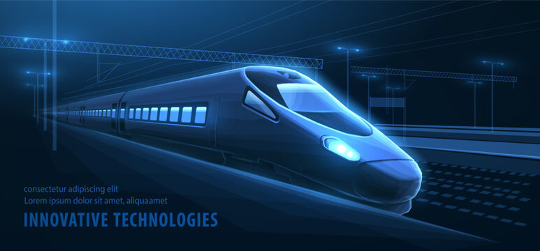 Fast express passenger train on city station. Modern technology. Smart Railway Systems. Future digital urban infrastructure. Modern town cityscape. High-Speed Rail, Predictive Maintenance, concept
