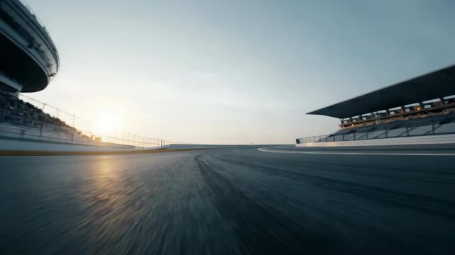 Race track curving toward empty grandstands at sunrise