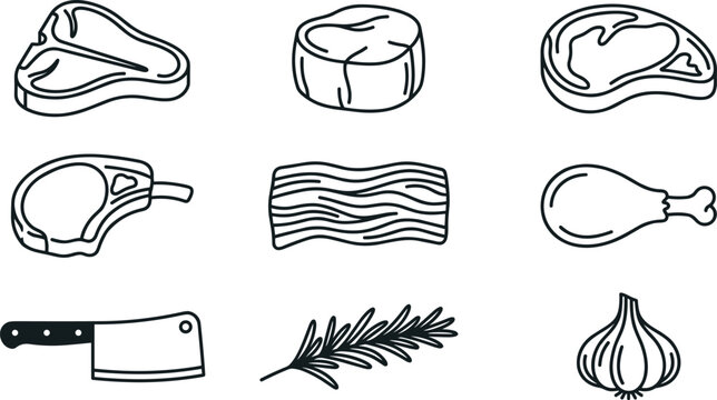 Butcher Meat Line Icon Collection with Steak Bacon Drumstick Cleaver Garlic and Rosemary Outline Vector Illustration Set