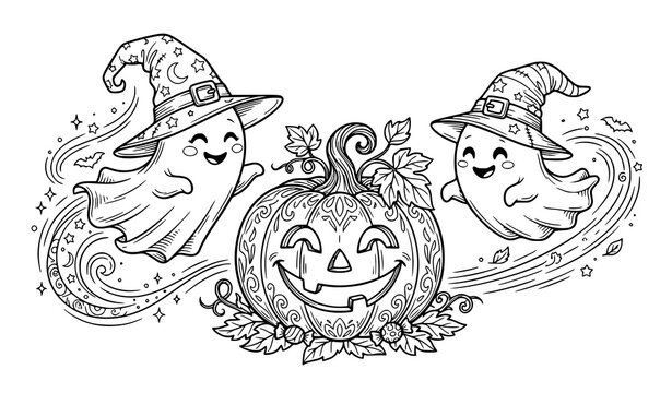 Halloween pumpkin with friendly ghosts detailed hand drawn festive illustration