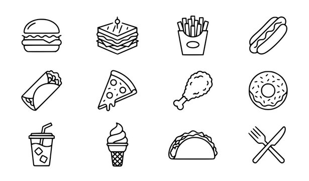 Fast food icon collection outline vector illustration set for menu