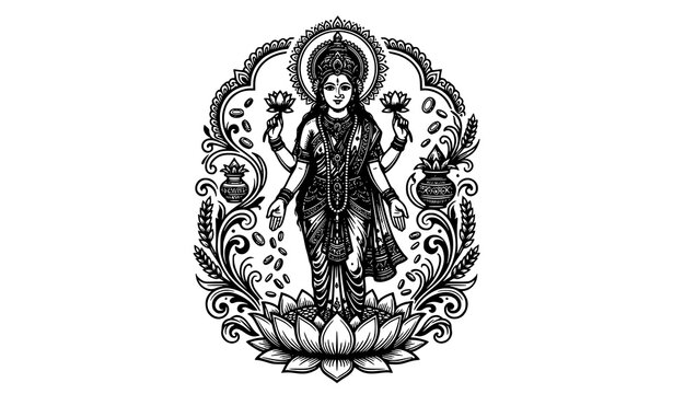 Goddess Lakshmi standing on lotus ornate traditional religious illustration artwork