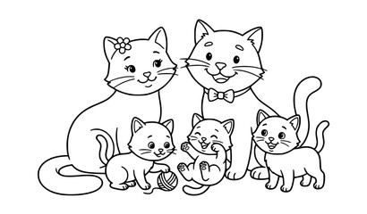 Cute cat family with kittens cartoon outline vector illustration design © Boloram
