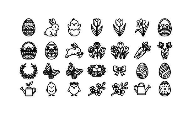 Easter themed icon collection with eggs flowers rabbits and chicks