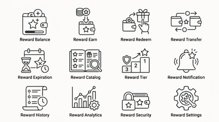 Naklejka premium Collection of loyalty rewards icons showing balance, catalog, history, analytics, and security features.