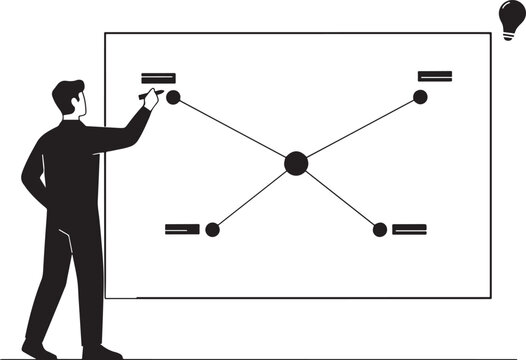 A man drawing a mind map on a board, compiling ideas. black icon solid vector