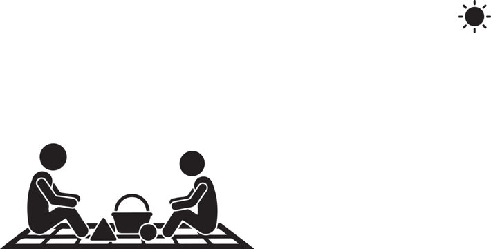Two stick figures having picnic together. black icon solid vector