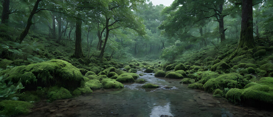 Fototapeta premium Misty Woodland Interior with Moss-Covered Rocks and Gentle Stream