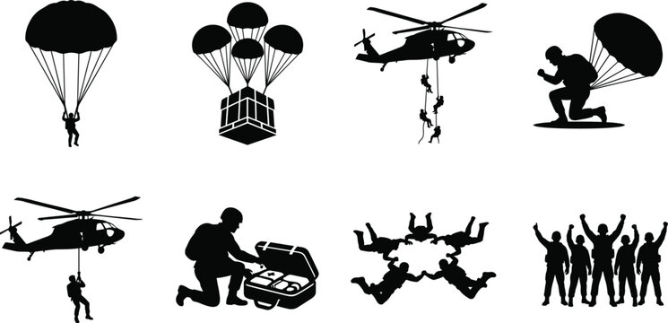 Military Paratrooper and Airborne Rescue Silhouettes Collection with Skydiving and Helicopter Operations