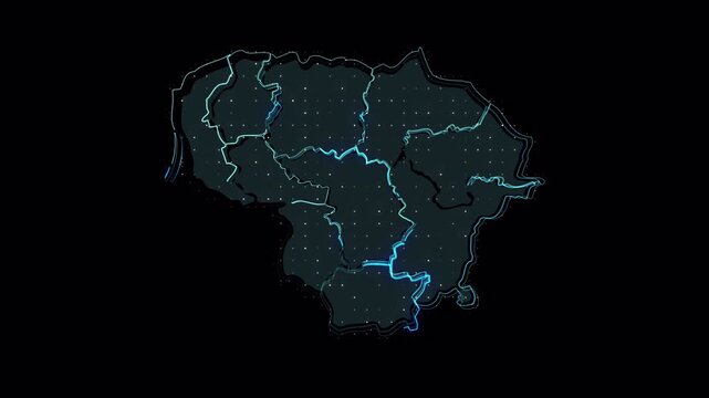 Animated Digital Map of Lithuania with Glowing Borders and Administrative Regions.