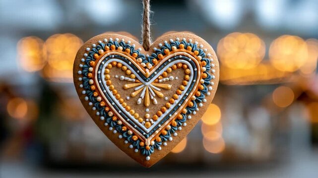 Decorated Bavarian gingerbread heart at a festive market stall