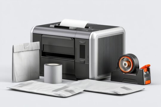 Ecommerce shipping station with label printer, tape dispenser, and mailers