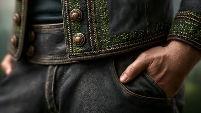 Close-up of traditional Bavarian lederhosen leather detail