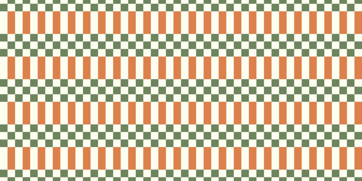 Retro checkerboard pattern in sage green, cream, and orange combines geometric order with playful contrast, creating seamless surface design ideal for textiles, decor, and packaging