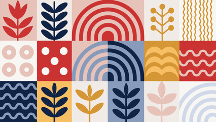 Vibrant scandinavian minimalist abstract shapes composition with leaves and arches © Hassaan