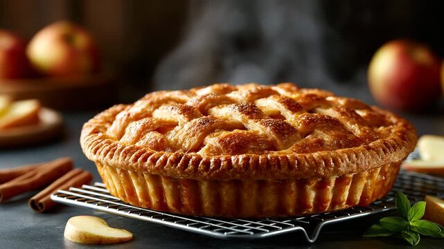 Golden apple pie with lattice crust cooling on a wire rack