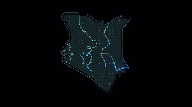 Digital abstract animation of the map of Kenya with glowing neon borders.