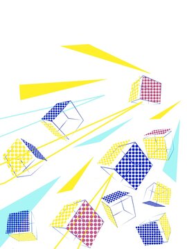 白バックに黄色や赤や青で丸、三角、立方体の幾何学模様を使いスピード感を表現した背景素材イラスト