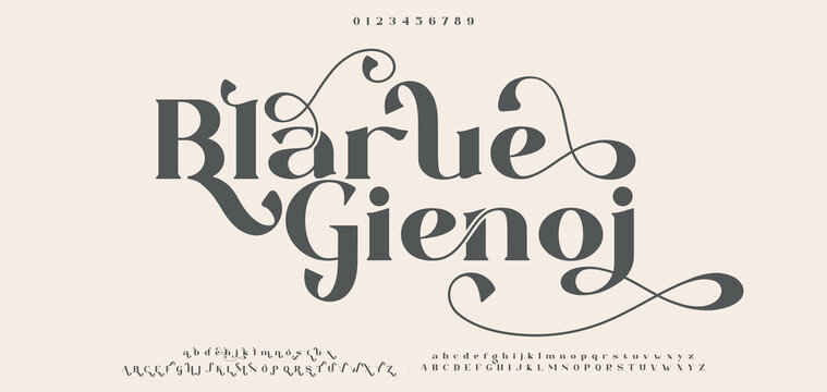 Blarue Gienoj Luxury wedding alphabet letters font with tails. Typography elegant classic serif fonts and number decorative vintage retro concept for logo branding. vector illustration