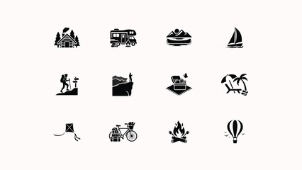 Naklejka premium Camping and outdoor recreation icons showcasing log cabin camper canoe sailboat hiking.