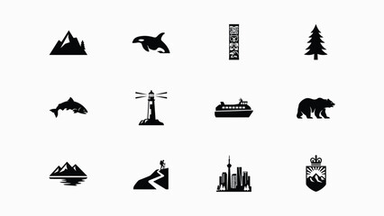 Fototapeta premium Set of black icons featuring canadian wilderness landscapes animals and iconic symbols.
