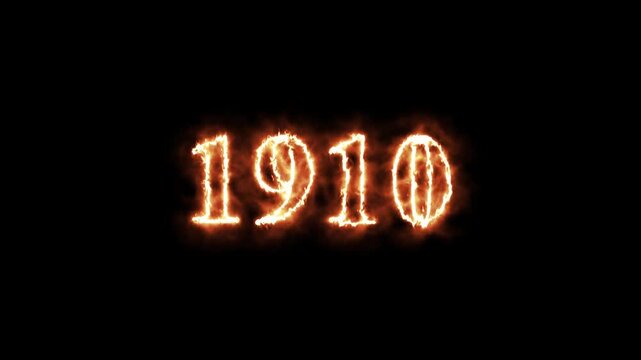 Animated glowing number 1910 with realistic fire and flame effects on a dark background. Perfect for countdowns, year transitions, presentations, and motion graphics projects.