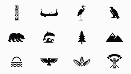 Indigenous totem pole canoe and wildlife symbols isolated on white background flat design. © Shovon