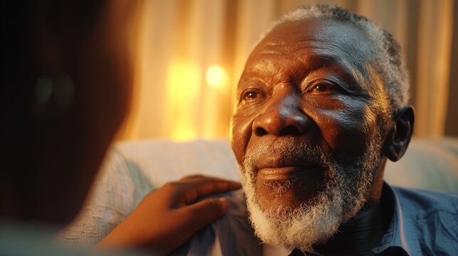 Elderly Black man with a gray beard shares a memorable moment of connection in a warm, cozy living room setting. Ideal for family care, senior living, and meaningful conversations in healthcare and