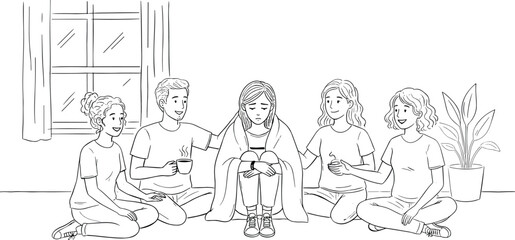 Fototapeta premium Friends supporting a person during difficult times for mental health awareness in vector sketch.