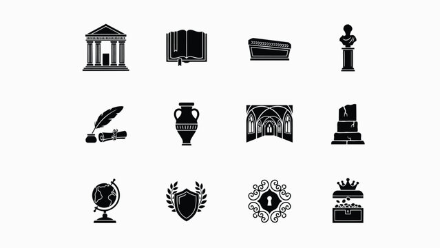 Historical icon set featuring classical statues architecture and educational literature art.