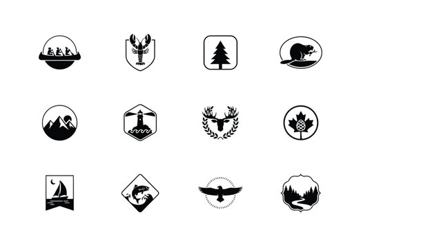 Canadian wildlife nature icons including animals trees landscape and outdoor activities.