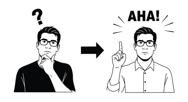 Transformation of confused person thinking with question mark into intelligent man finding solution eureka moment concept isolated on white background style.