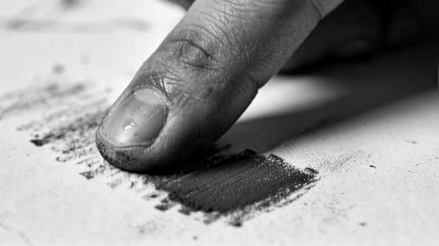Approaching single index finger pressing and rubbing hatch marks on white paper, blending charcoal