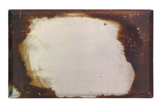Vintage rusty metal sign plate isolate on transparent background (png). Antique grunge enamel iron sheet template with rustic corroded vignette border and empty blank center for signboard mockup