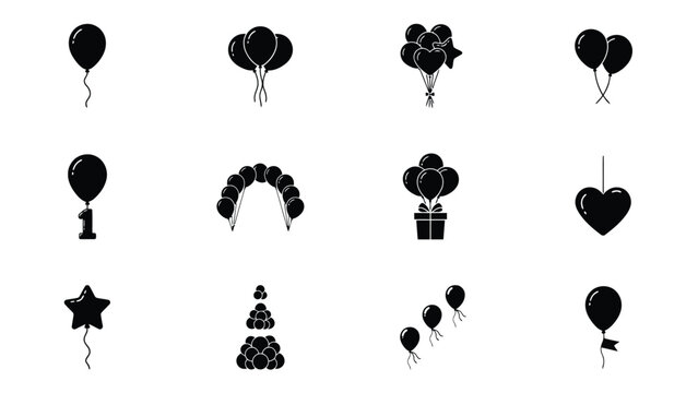 Set of assorted balloon party icons featuring number one and various festive decorations.