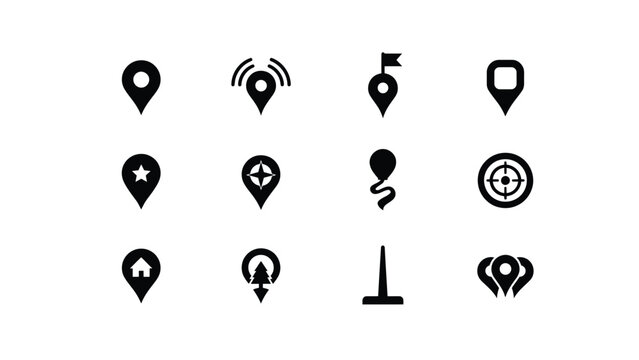 Navigation map pin icons with various symbols for location tracking and area mapping apps.