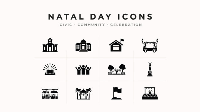 Set of twelve natal day icons showcasing civic community celebrations and public events.