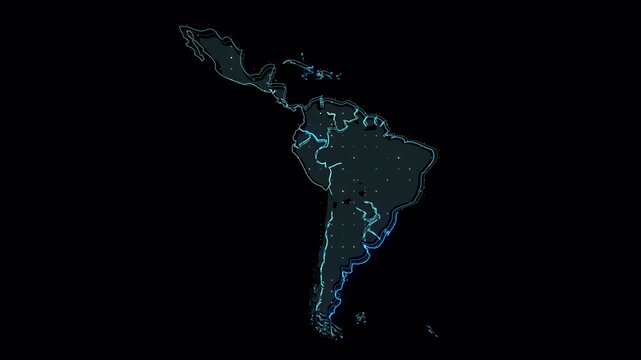 Digital abstract map of South America with glowing border outlines.