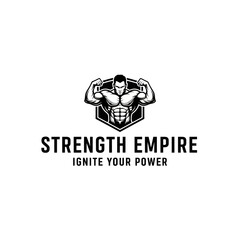 Fototapeta premium Strength Empire Logo With Muscular Man Posing