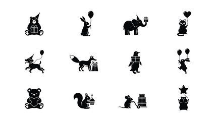 Fototapeta premium Cute cartoon animals with party accessories for festive birthday celebration design set.