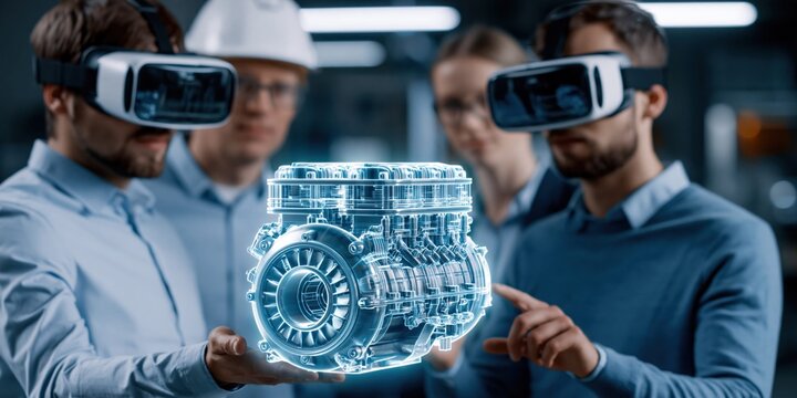 Innovative engineering team visualizing complex machine designs