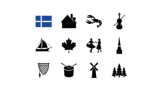 Collection of maritime and heritage icons featuring flags boats nature and music arts.