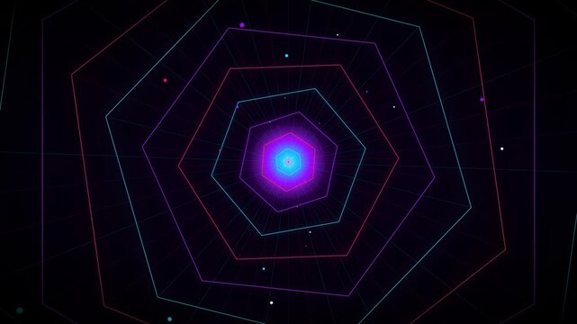 Neon cyberpunk hexagon tunnel sci fi future journey retro