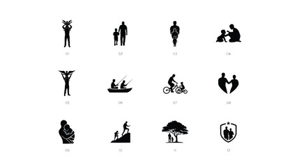 Fototapeta premium Numbered set of family relationship icons showing caring parent and child interactions.
