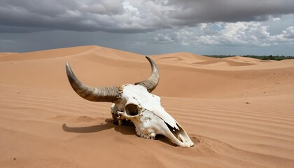 Obraz premium Bulls skull rests on a sand dune under a dramatic cloudy sky